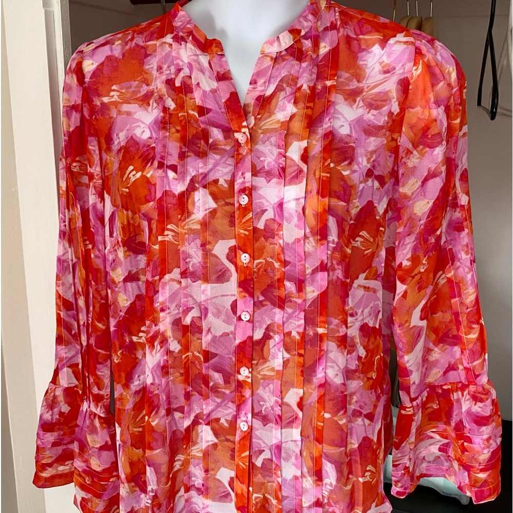 Sheer Floral Blouse Pink Coral Gold White Size 16